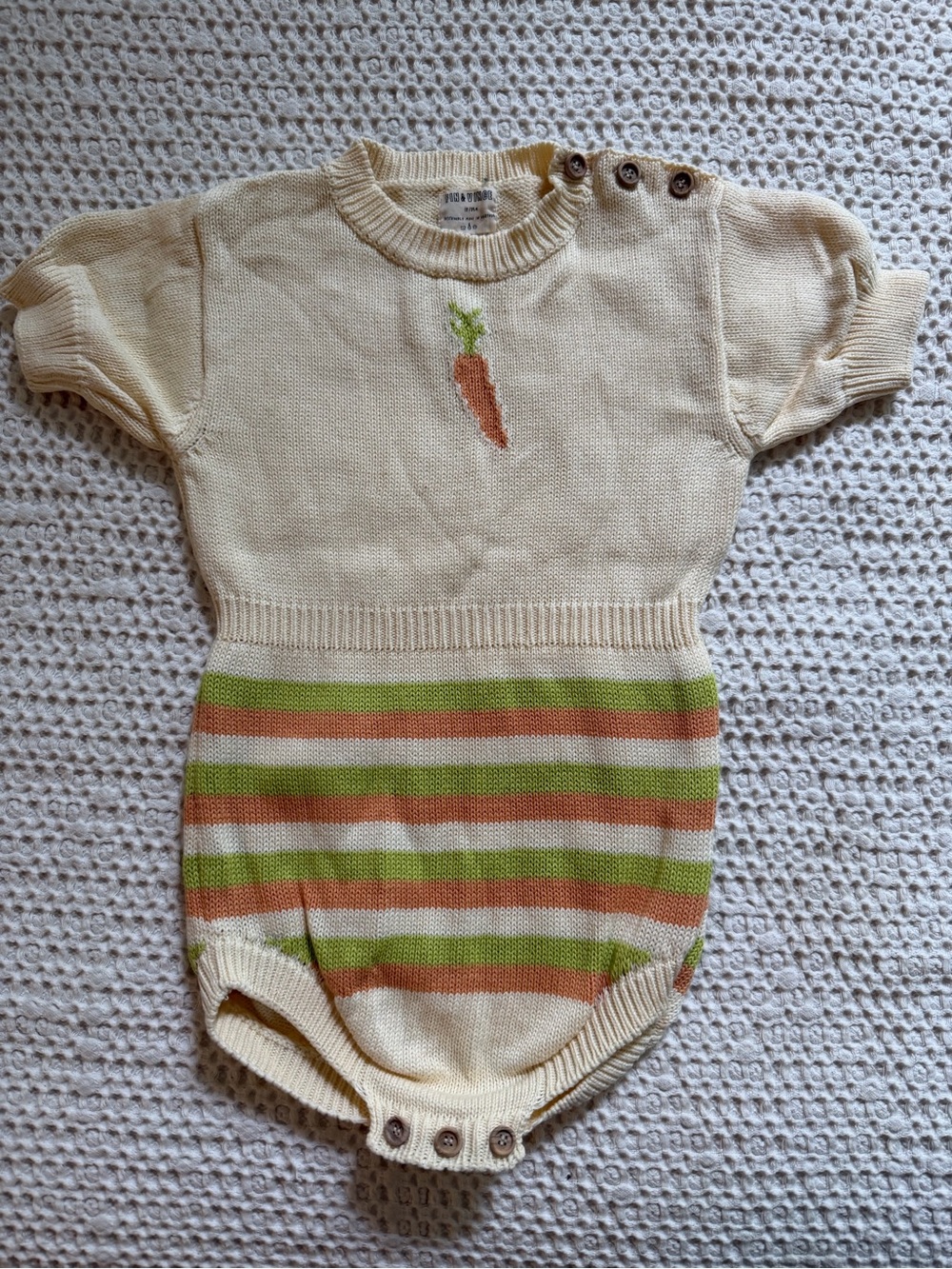 Organic Cotton Cream & Green Striped Baby One-Piece with Carrot Motif